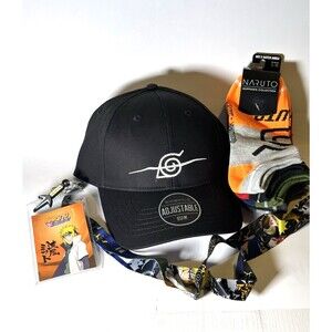 LOT Naruto Shippuden Bioworld Snapback Hat Ankle Socks Breakaway Lanyard ANIME